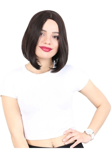 Fiber Sentetik Peruk Perçemsiz Kısa Düz - Kahverengi