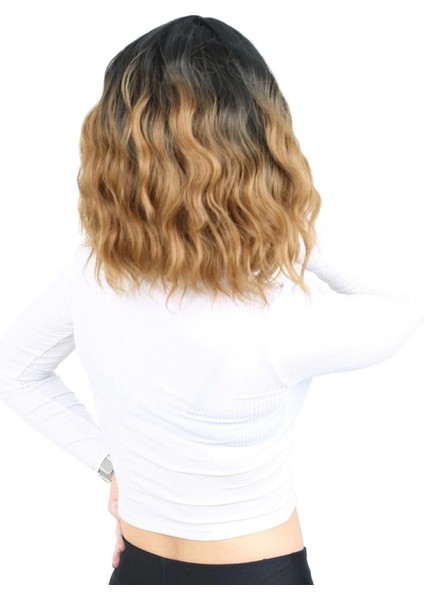 Fiber Sentetik Kısa Dalgalı Perçemsiz Peruk - Siyah -Karamel Ombreli fırsatları