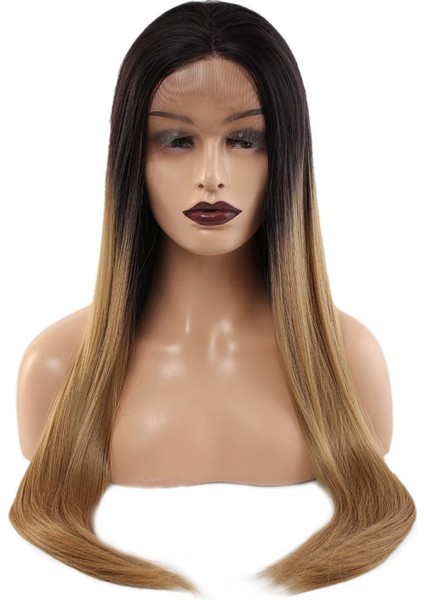 Fiber Sentetik Düz Uzun Tül Peruk - Siyah Karamel Orta Ombreli
