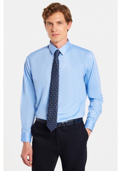 Erkek Slim Fit Non-Iron Pamuklu Doğa Dostu Ekoteks Belgeli Ütü Gerektirmez açık Mavi Gömlek