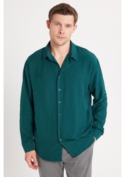 Oversize Mevsimlik Keten Dokulu Bol Kalıp Uzun Kollu Rahat Kullanım Erkek Yeşil Gömlek