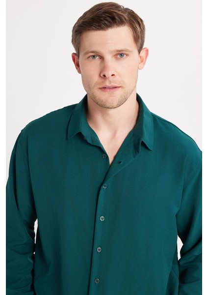 Oversize Mevsimlik Keten Dokulu Bol Kalıp Uzun Kollu Rahat Kullanım Erkek Yeşil Gömlek fiyatları