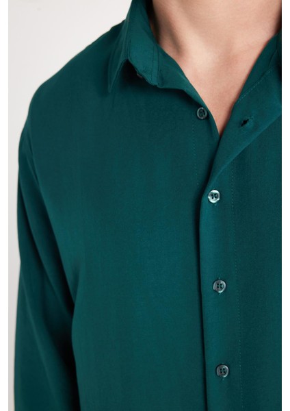 Oversize Mevsimlik Keten Dokulu Bol Kalıp Uzun Kollu Rahat Kullanım Erkek Yeşil Gömlek modelleri