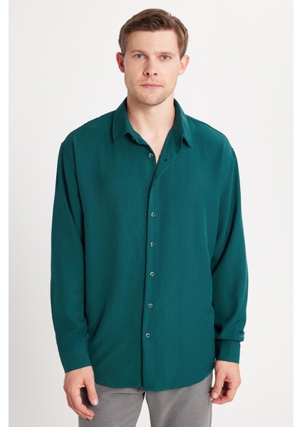 Oversize Mevsimlik Keten Dokulu Bol Kalıp Uzun Kollu Rahat Kullanım Erkek Yeşil Gömlek fırsatları