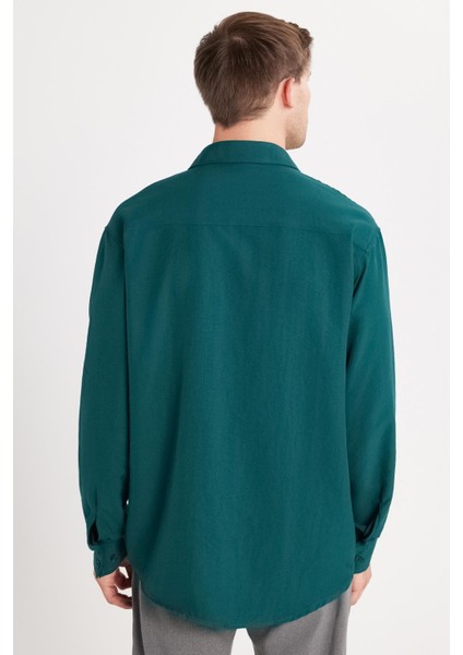 Oversize Mevsimlik Keten Dokulu Bol Kalıp Uzun Kollu Rahat Kullanım Erkek Yeşil Gömlek indirimleri