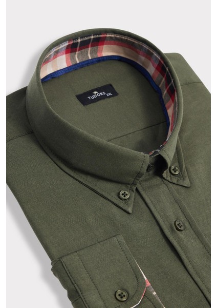 Erkek Big Size Büyük Beden Uzun Kollu Pamuklu Oxford Doku Tek Cepli Yeşil Düğmeli Yaka Gömlek