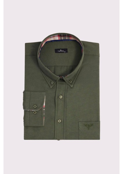 Erkek Big Size Büyük Beden Uzun Kollu Pamuklu Oxford Doku Tek Cepli Yeşil Düğmeli Yaka Gömlek fiyatları
