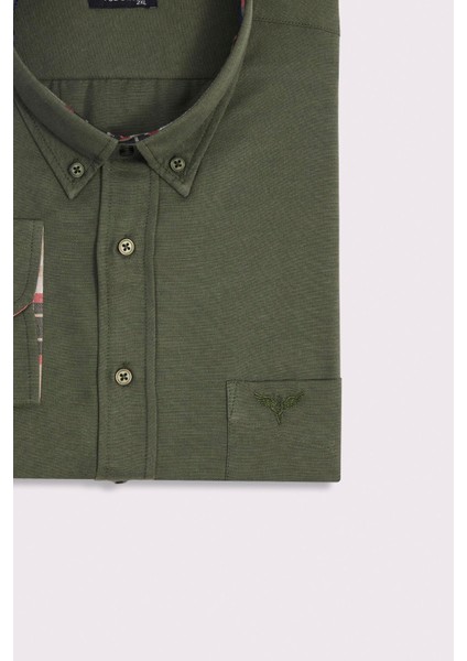 Erkek Big Size Büyük Beden Uzun Kollu Pamuklu Oxford Doku Tek Cepli Yeşil Düğmeli Yaka Gömlek modelleri