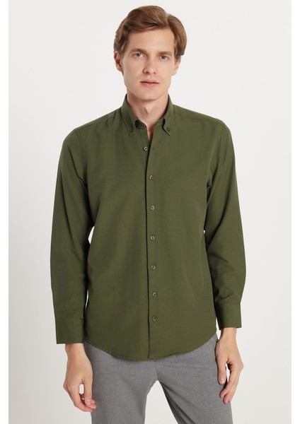 Regular Fit Düğmeli Yaka Pamuklu Kolay Ütü Oxford Düz Erkek Haki Gömlek