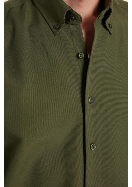 Regular Fit Düğmeli Yaka Pamuklu Kolay Ütü Oxford Düz Erkek Haki Gömlek modelleri