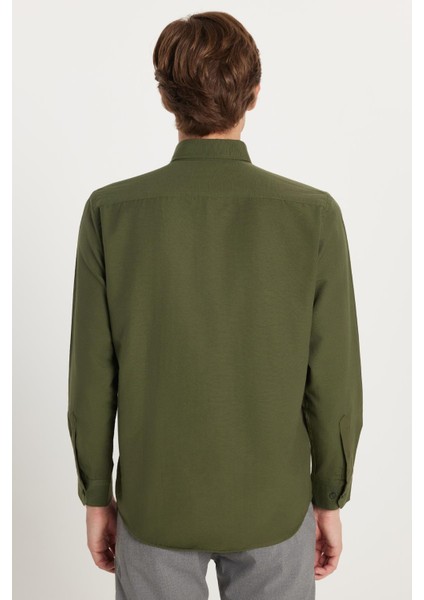 Regular Fit Düğmeli Yaka Pamuklu Kolay Ütü Oxford Düz Erkek Haki Gömlek indirimleri