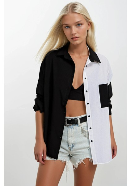 Kadın Siyah Beyaz Renk Bloklu Oversize Poplin Basic Gömlek HZL22S-BD1201161
