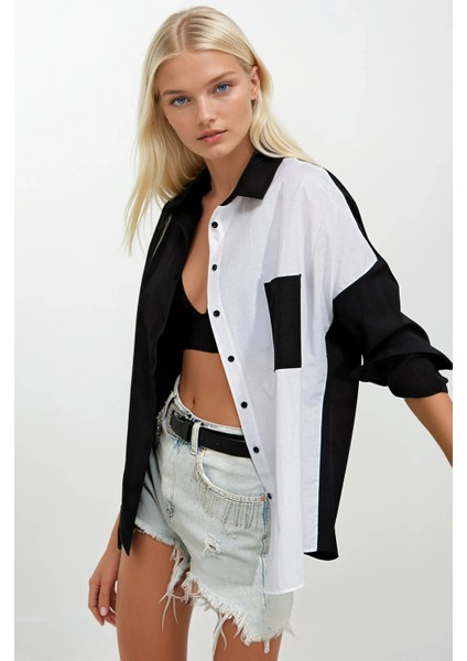 Kadın Siyah Beyaz Renk Bloklu Oversize Poplin Basic Gömlek HZL22S-BD1201161 modelleri