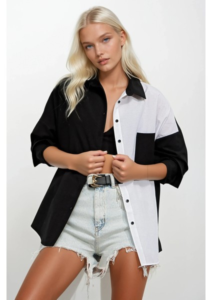 Kadın Siyah Beyaz Renk Bloklu Oversize Poplin Basic Gömlek HZL22S-BD1201161 fiyatları