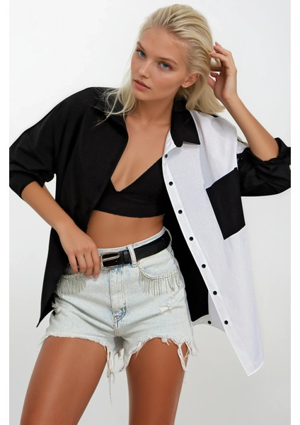 Kadın Siyah Beyaz Renk Bloklu Oversize Poplin Basic Gömlek HZL22S-BD1201161 fırsatları