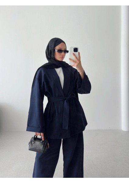 Kadın Oversize Dokuma Kumaş Kuşaklı Tunik-Pantolon Alt Üst Takım,ikili Takım