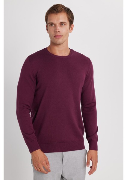 Erkek Standart Fit Normal Kesim Bisiklet Yaka Bordo Triko Kazak