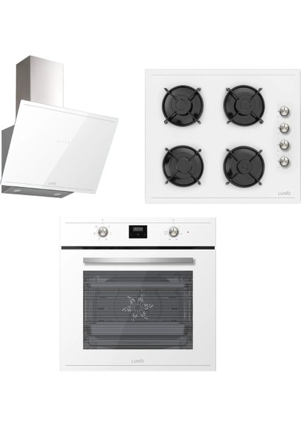 Beyaz Cam Ankastre Set - 3481W Davlumbaz - L638W01 Ocak - F502W01 Fırın