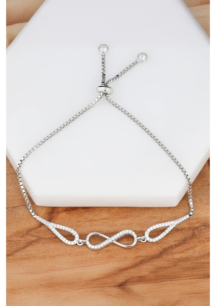 Sonsuzluk Motifli Rodyumlu Zirkon Taşlı Gümüş Bayan Bileklik