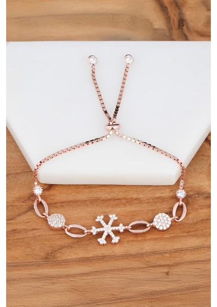 Kar Tanesi Motifli Zirkon Taşlı Rose Gümüş Bayan Bileklik