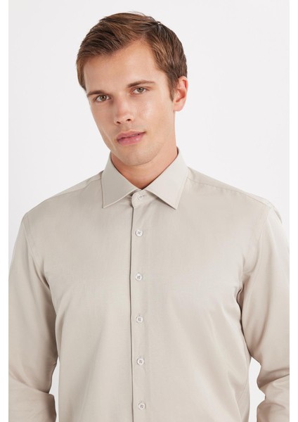 Erkek Regular Fit Klasik Kesim Pamuklu Düz Bej Gömlek fiyatları