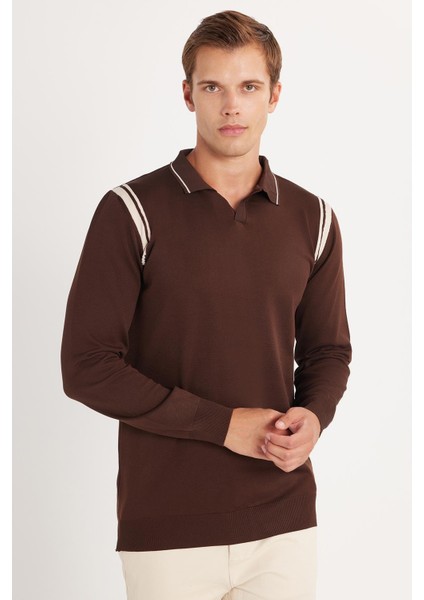 Erkek Slim Fit Dar Kesim Uzun Kol Polo Yaka Çizgili Kahverengi Kazak