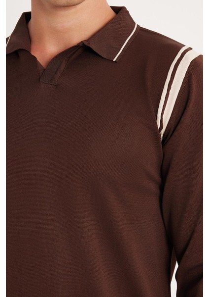 Erkek Slim Fit Dar Kesim Uzun Kol Polo Yaka Çizgili Kahverengi Kazak modelleri
