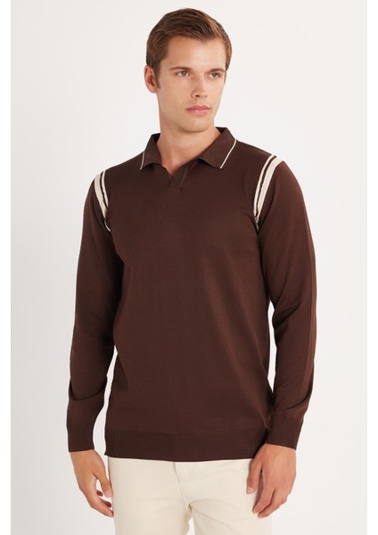Erkek Slim Fit Dar Kesim Uzun Kol Polo Yaka Çizgili Kahverengi Kazak fırsatları