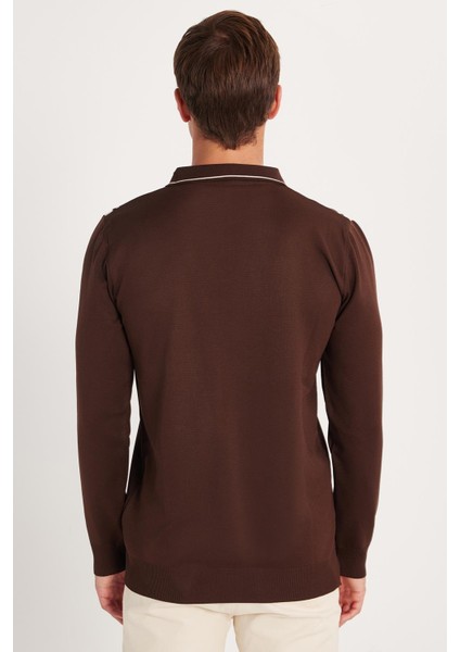 Erkek Slim Fit Dar Kesim Uzun Kol Polo Yaka Çizgili Kahverengi Kazak indirimleri