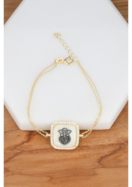 Altın Kaplama Motifli Gümüş Bayan Sedef Bileklik