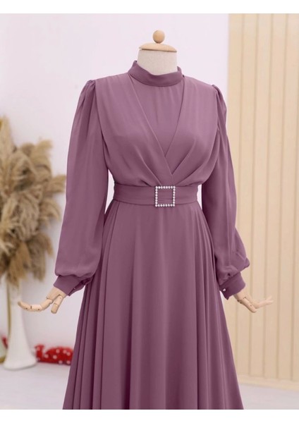 Kemeri Taşlı Önü Pileli Tesettür Elbise -G.kurusu