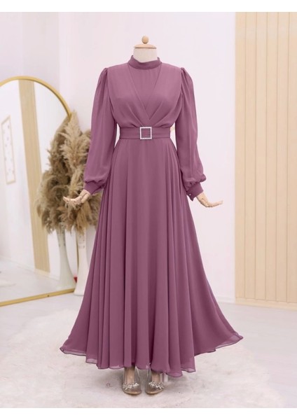 Kemeri Taşlı Önü Pileli Tesettür Elbise -G.kurusu modelleri