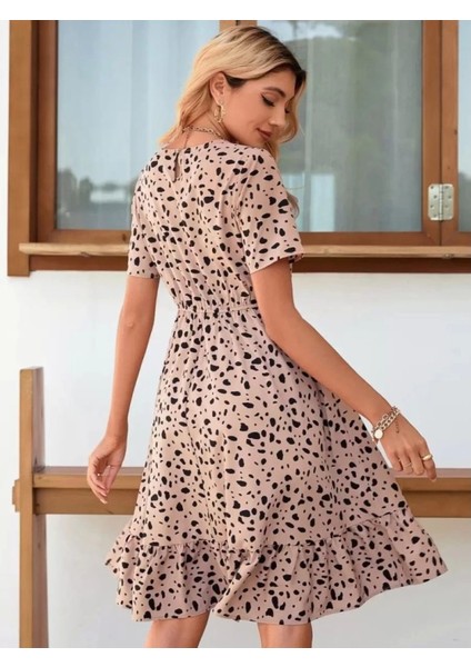 Kadın Kısa Kollu Bisiklet Yaka Desenli Süprem Elbise fiyatları