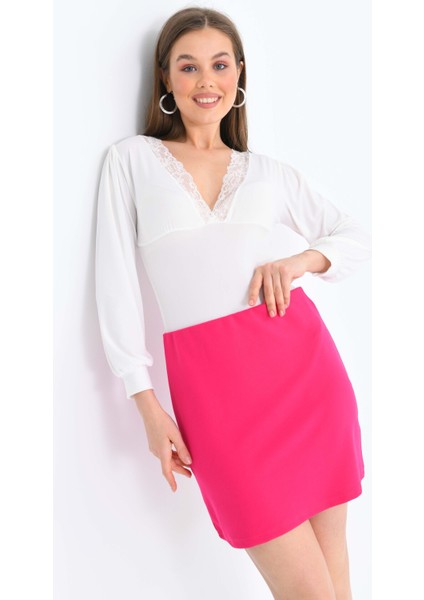 Kadın Pembe Beli Lastikli Yüksek Bel Mini Örme Etek