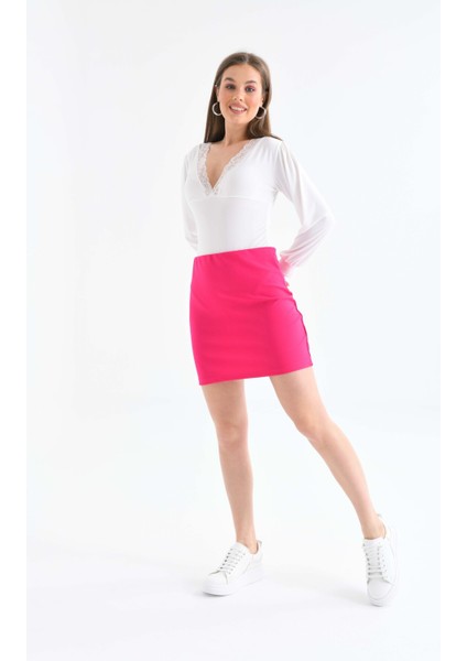 Kadın Pembe Beli Lastikli Yüksek Bel Mini Örme Etek fırsatları