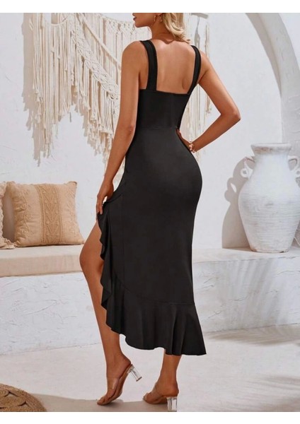 Kadın Askılı V Yakalı Önden Fırfırlı Uzun Dalgıç Elbise fiyatları