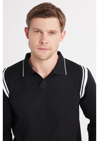Erkek Slim Fit Dar Kesim Uzun Kol Polo Yaka Çizgili Siyah Kazak fiyatları