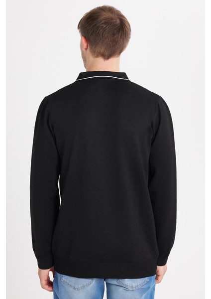 Erkek Slim Fit Dar Kesim Uzun Kol Polo Yaka Çizgili Siyah Kazak indirimleri