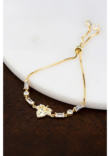 Altın Kaplama Yaprak Motifli Zirkon Taşlı Gümüş Bayan Bileklik