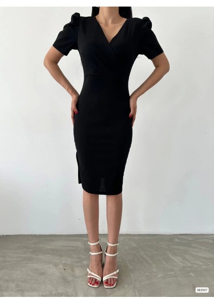 Kadın Kruvaze Yaka Yandan Yırtmaç Detaylı Scuba Krep Kumaş Midi Boy Elbise fiyatları
