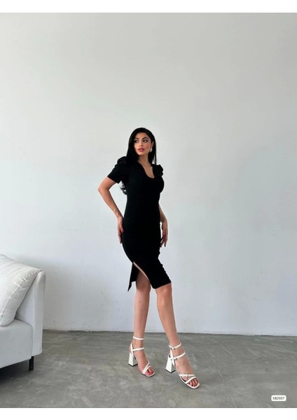 Kadın Kruvaze Yaka Yandan Yırtmaç Detaylı Scuba Krep Kumaş Midi Boy Elbise fırsatları