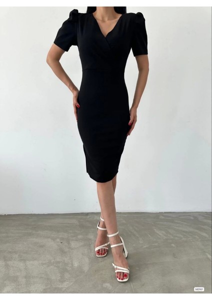 Kadın Kruvaze Yaka Yandan Yırtmaç Detaylı Scuba Krep Kumaş Midi Boy Elbise indirimleri