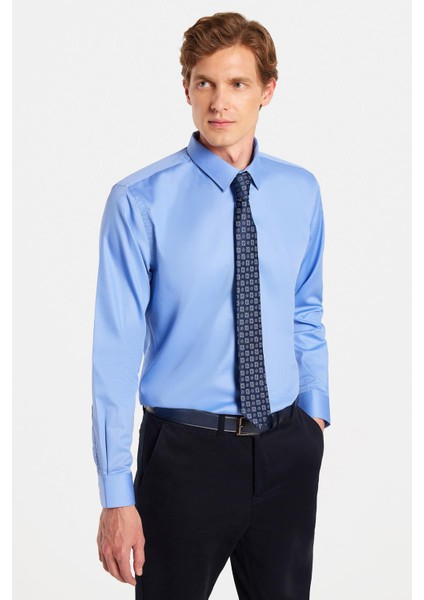 Erkek Slim Fit Non-Iron Pamuklu Doğa Dostu Ekoteks Belgeli Ütü Gerektirmez mavi Gömlek
