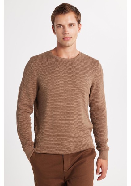 Erkek Standart Fit Normal Kesim Bisiklet Yaka Petek Desenli Koyu Vizon Triko Kazak fırsatları