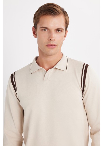 Erkek Slim Fit Dar Kesim Uzun Kol Polo Yaka Çizgili Taş Kazak fiyatları
