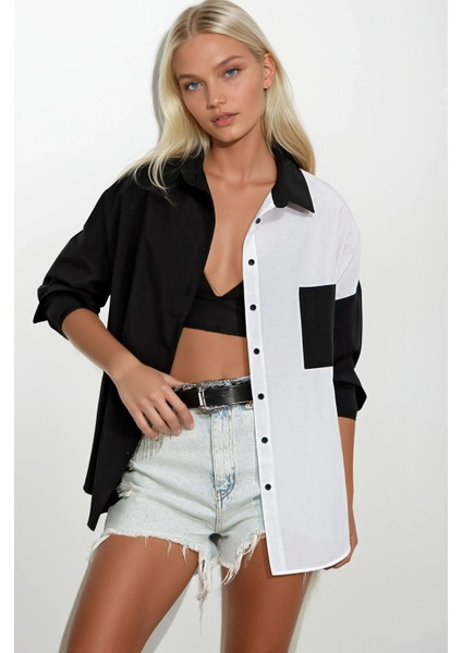 Kadın Siyah Beyaz Renk Bloklu Oversize Poplin Basic Gömlek HZL22S-BD1201161 fiyatları