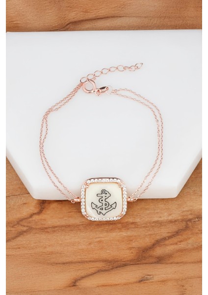 Çapa Motifli Rose Gümüş Sedef Bayan Bileklik