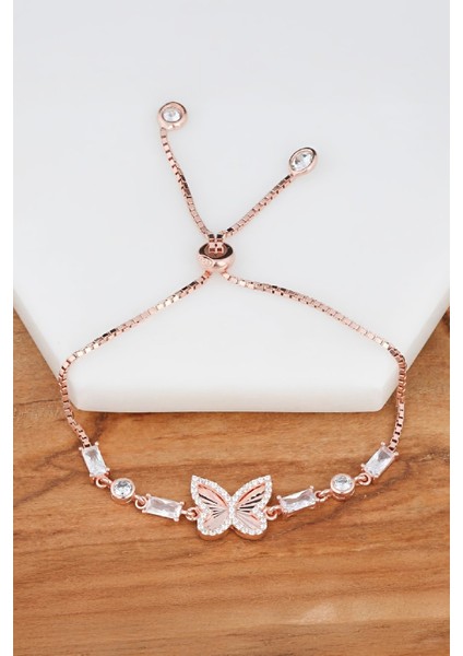 Rose Renk Zirkon Taşlı Kelebek Gümüş Bayan Bileklik