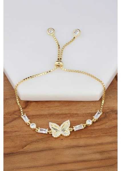 Altın Kaplama Zirkon Taşlı Kelebek Gümüş Bayan Bileklik