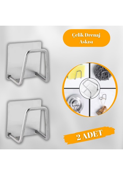 Fukku 2 Adet Paslanmaz Çelik Kendinden Yapışkanlı Drenaj Rafı Askı Sünger Sabun Kurutma Kancası